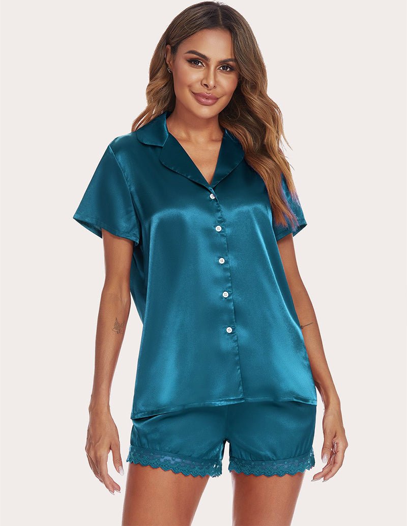 Teal satin pajama set with short-sleeve button-front blouse and lace-trim shorts
