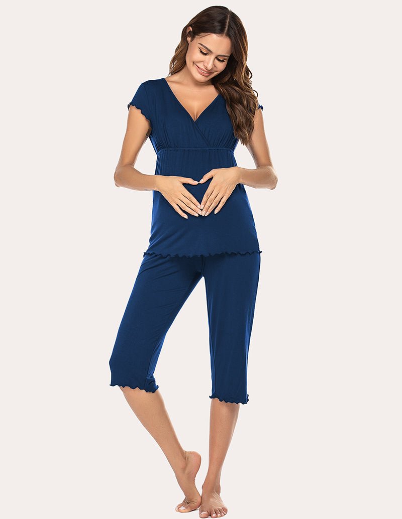 Maternity nursing pajama set in navy blue, V-neck top with layered front, capri length