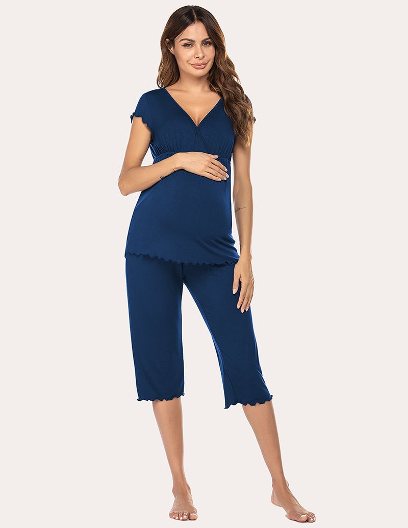 Maternity nursing pajama set in navy blue, V-neck top and matching scallop-trim capri pants
