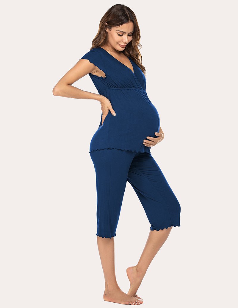 Maternity nursing pajama set in navy blue, V-neck maternity top and capri pants