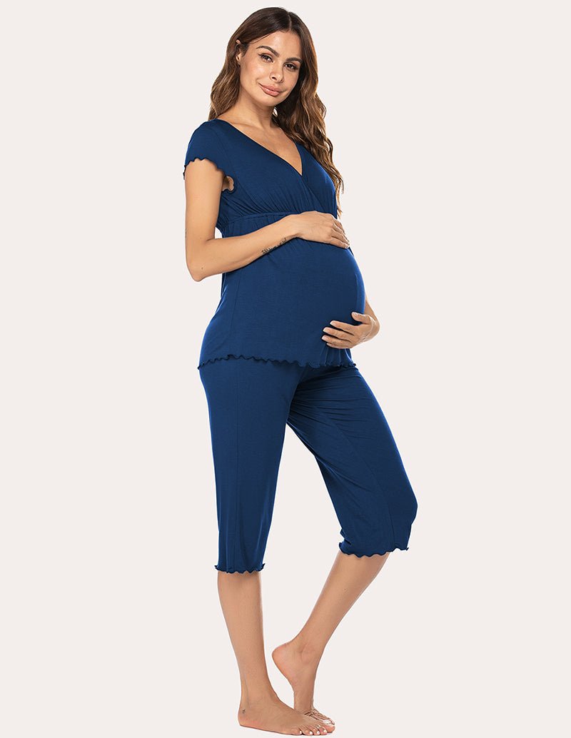 Maternity nursing pajama set in navy blue, V-neck top with cropped capri legs