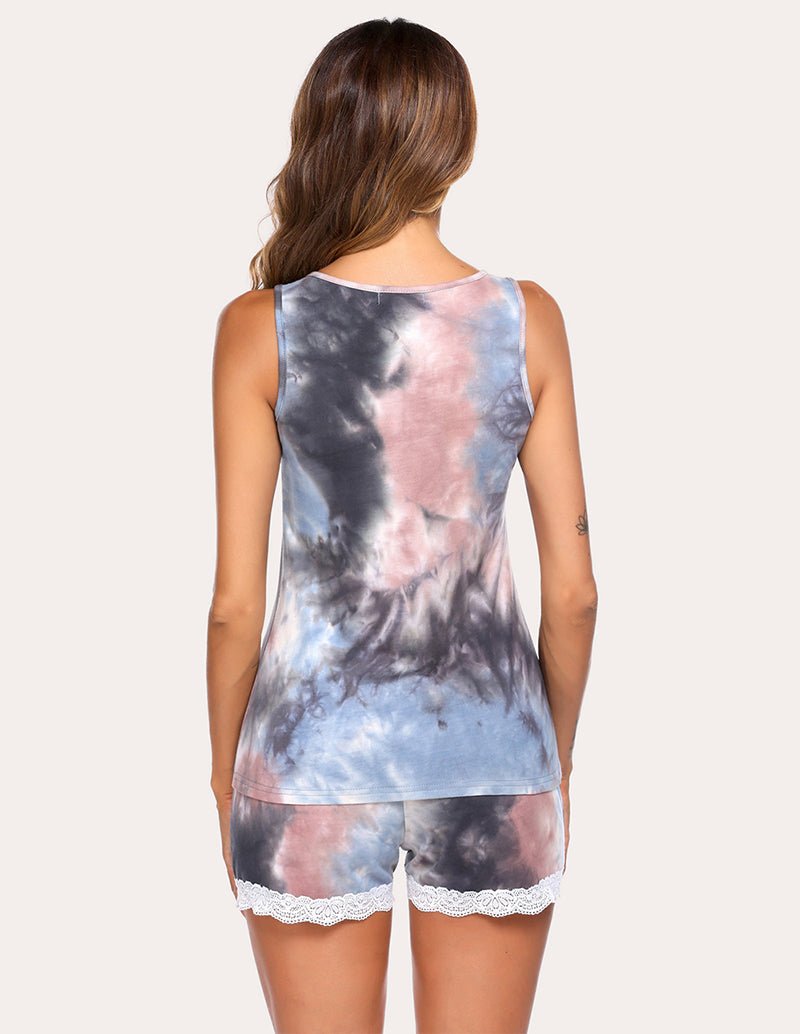 Black & pink tie-dye back view tank top and lace-trim shorts pajama set
