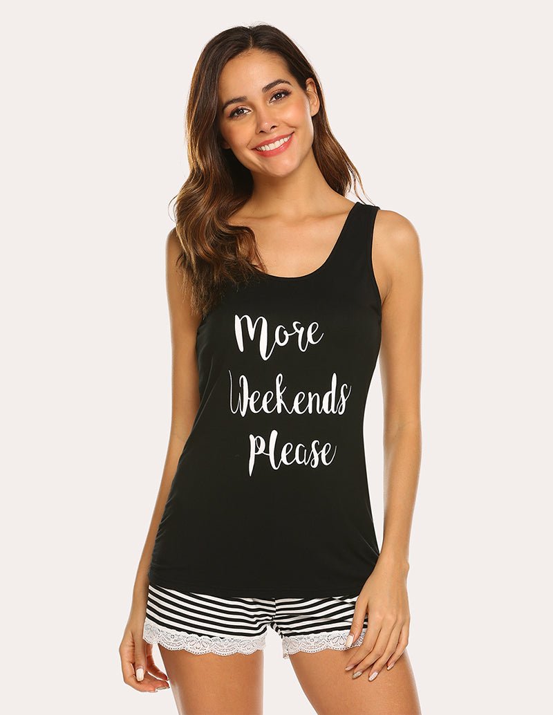 Black tank pajama set with "More Weekends Please" slogan and lace-trim striped shorts