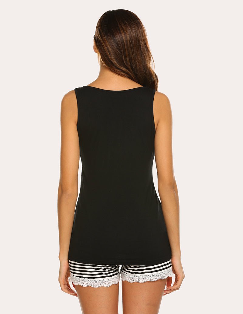 Black racerback tank pajama set, back view; striped waistband lace-trim shorts