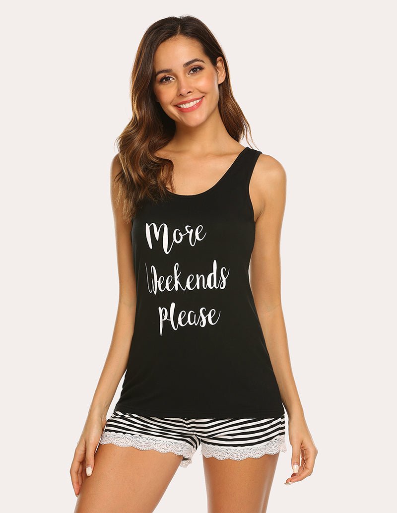 Black tank pajama set with "More Weekends Please" print and striped lace-trim shorts