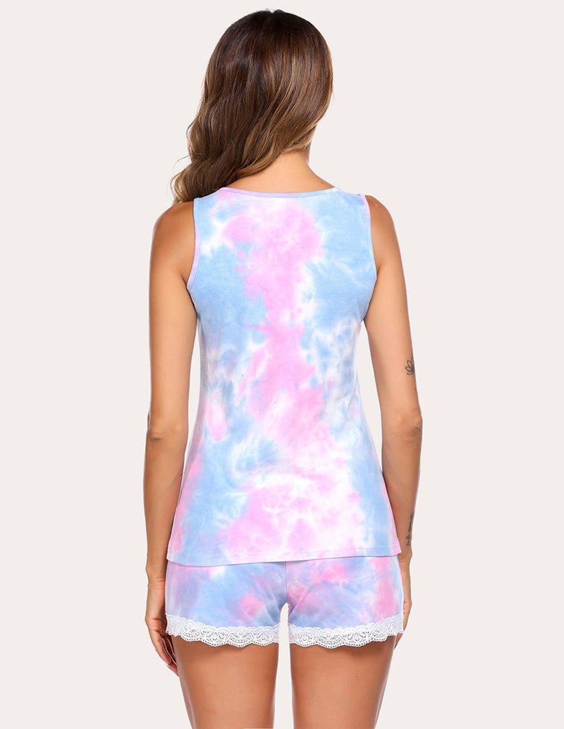 Blue & pink tie-dye back view tank top and lace-trim shorts pajama set