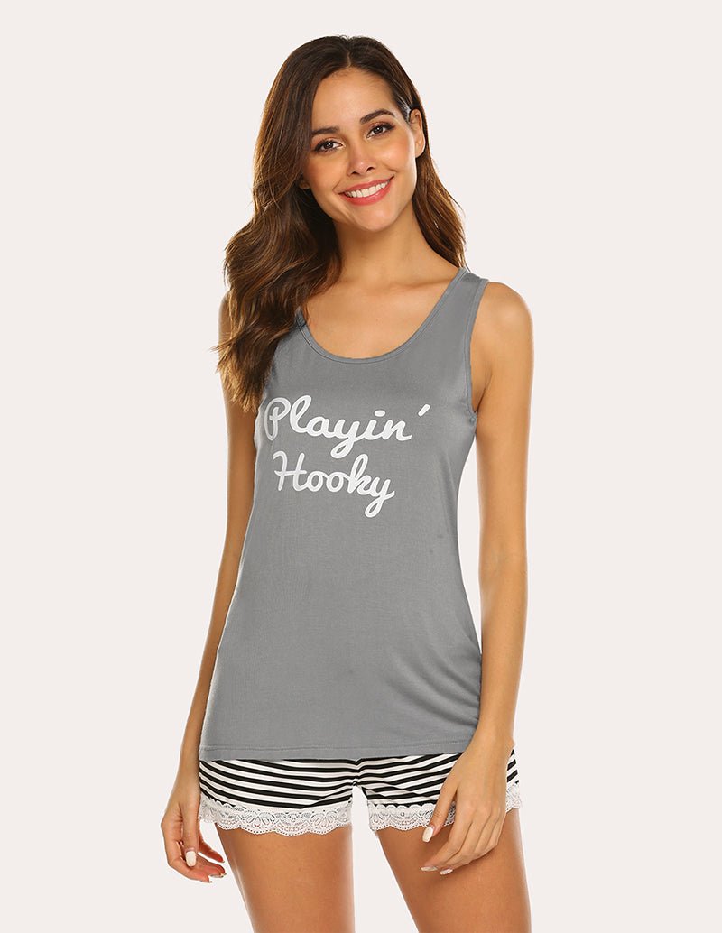 Light grey tank pajama set with "Playin' Hootky" slogan and lace-trim striped shorts