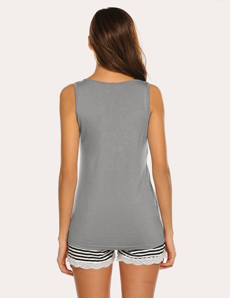 Light grey racerback tank pajama set, back view; striped waistband lace-trim shorts