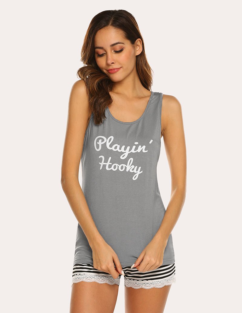Light grey tank pajama set with "Playin' Hootky" print and striped lace-trim shorts