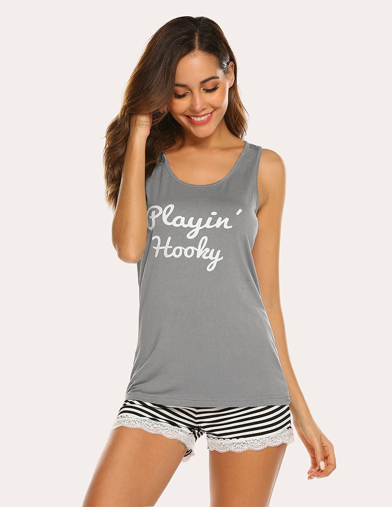 Light grey sleeveless pajama set with "Playin' Hootky" print; striped tie shorts