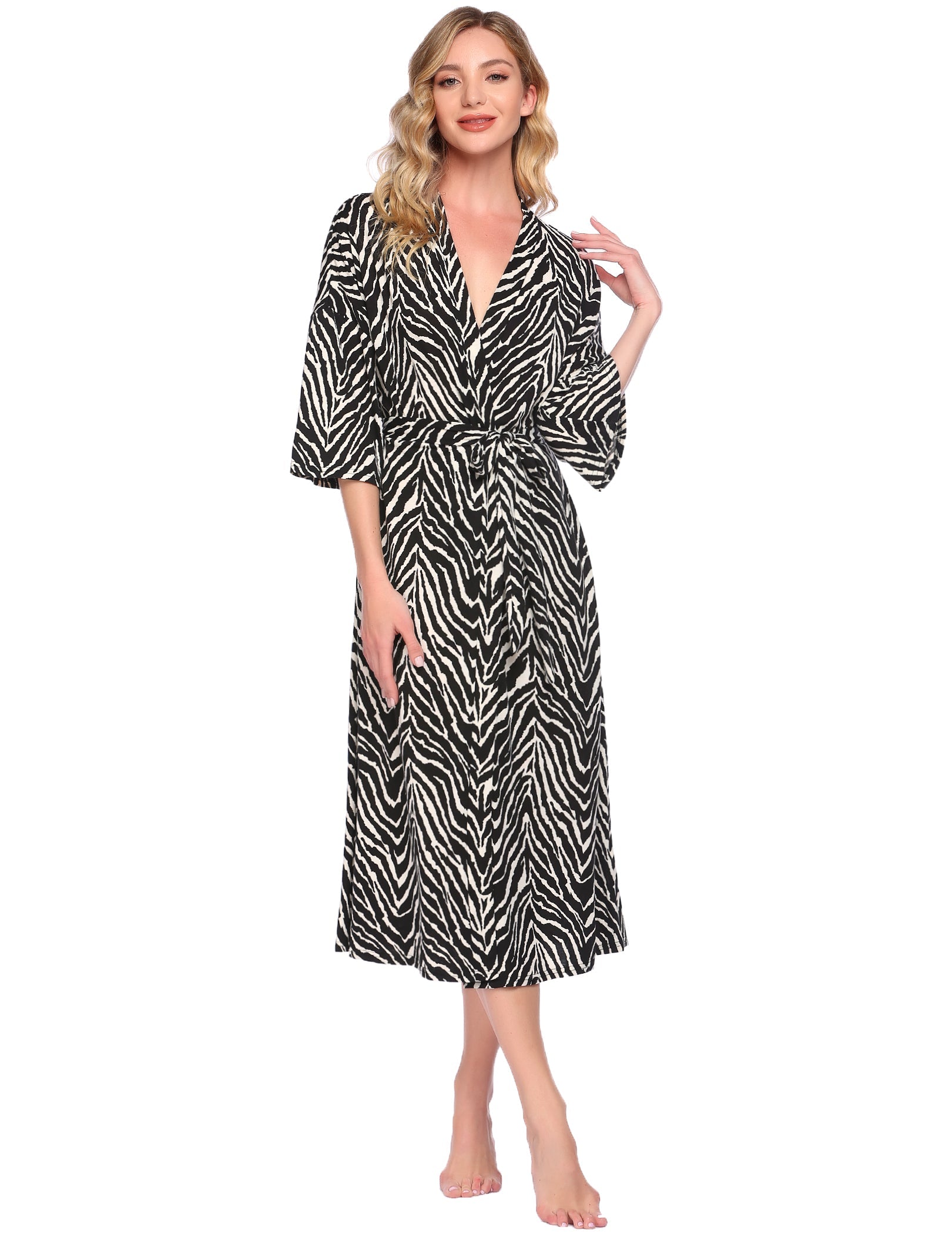 Lightweight long bathrobe, zebra-print V-neck with tie belt and belt-tied waist