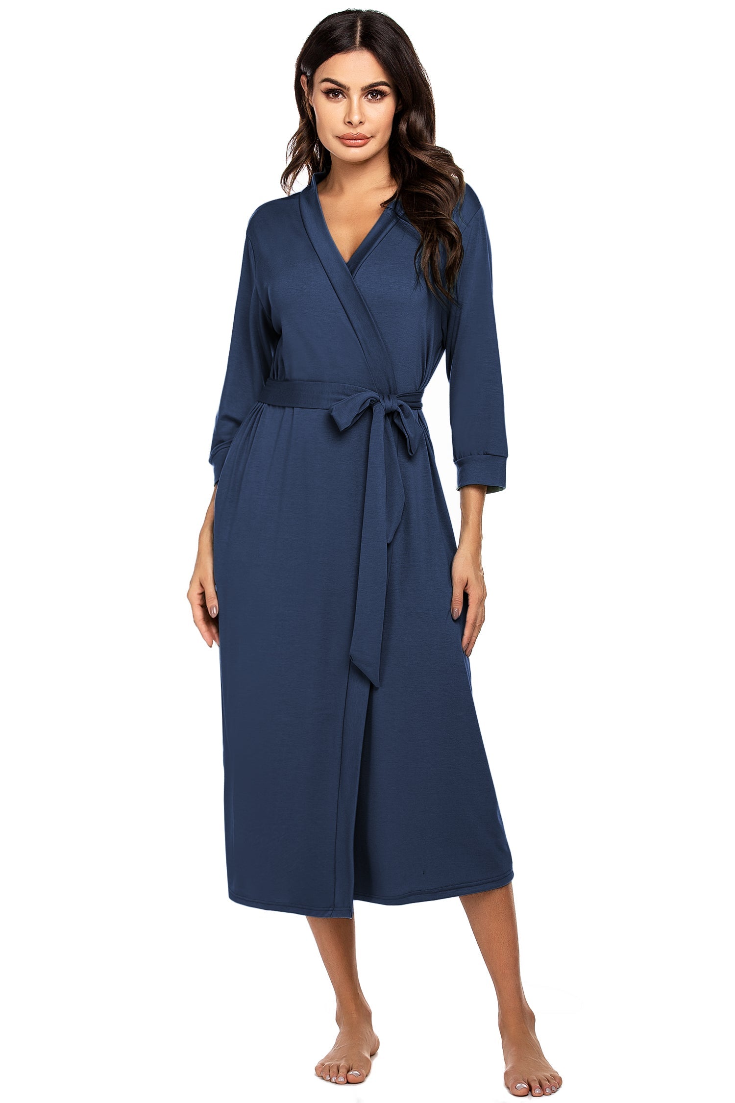Lightweight long bathrobe, blue V-neck with tie belt and mid-calf length