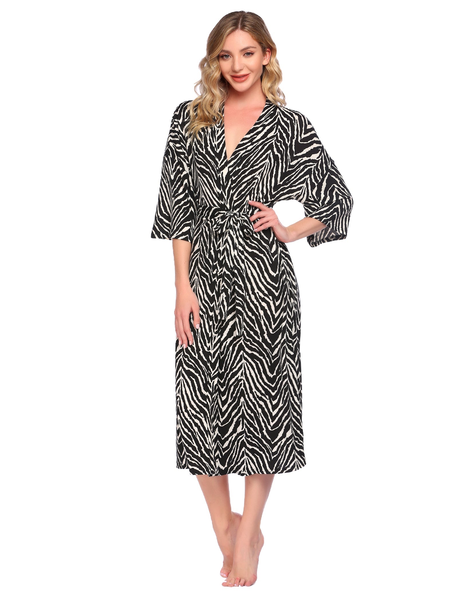 Lightweight long bathrobe, zebra-print V-neck with tie belt and midi length