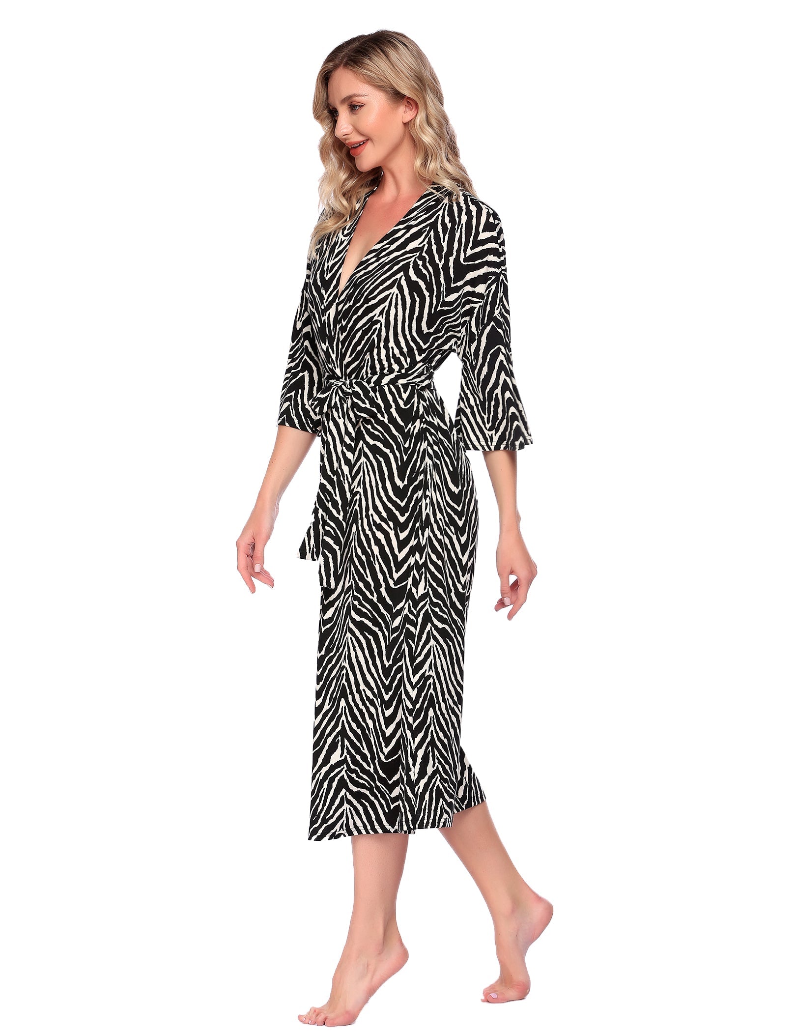 Lightweight long bathrobe, zebra-print V-neck with tie belt, side view
