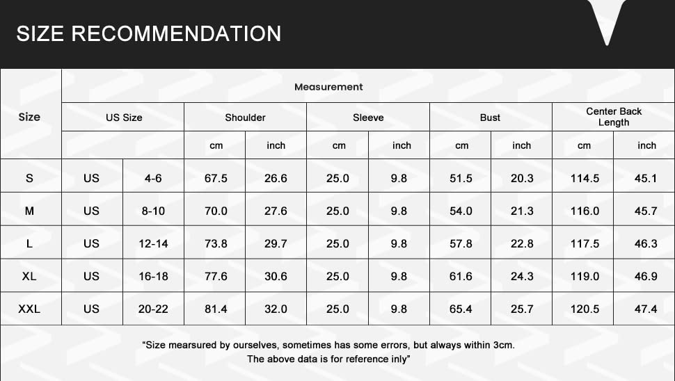 Size recommendation chart for lightweight long bathrobe, US sizes and measurements