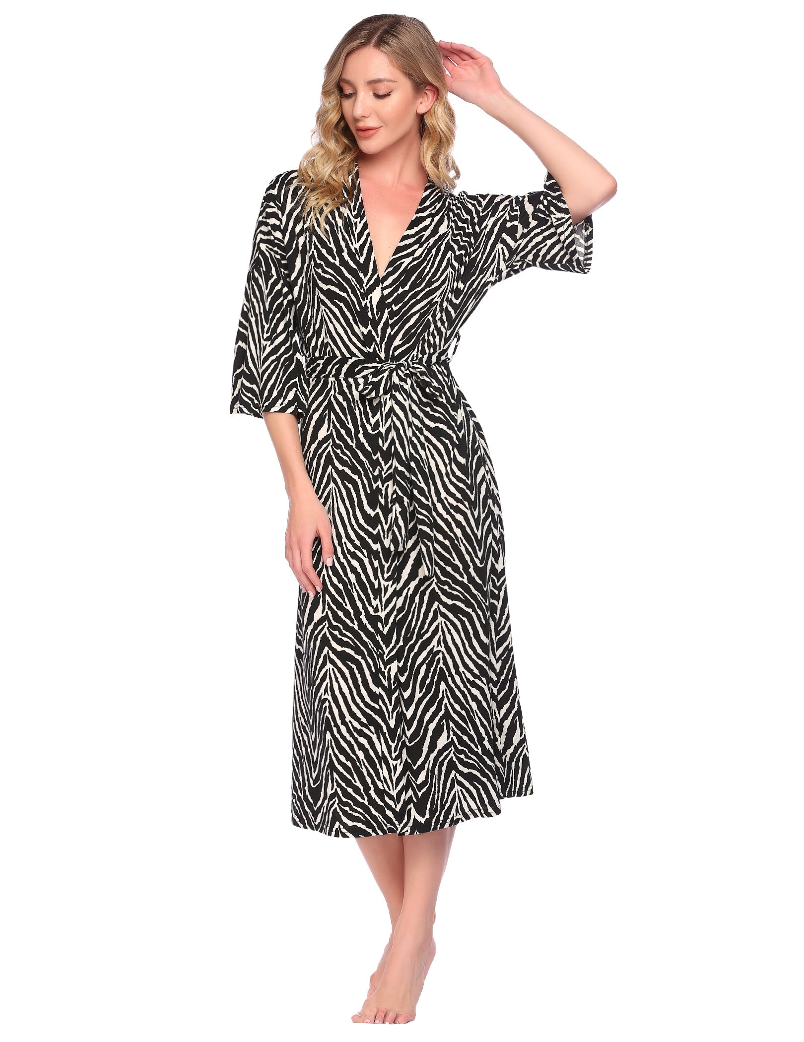 Lightweight long bathrobe, zebra-print V-neck with tie belt and relaxed fit