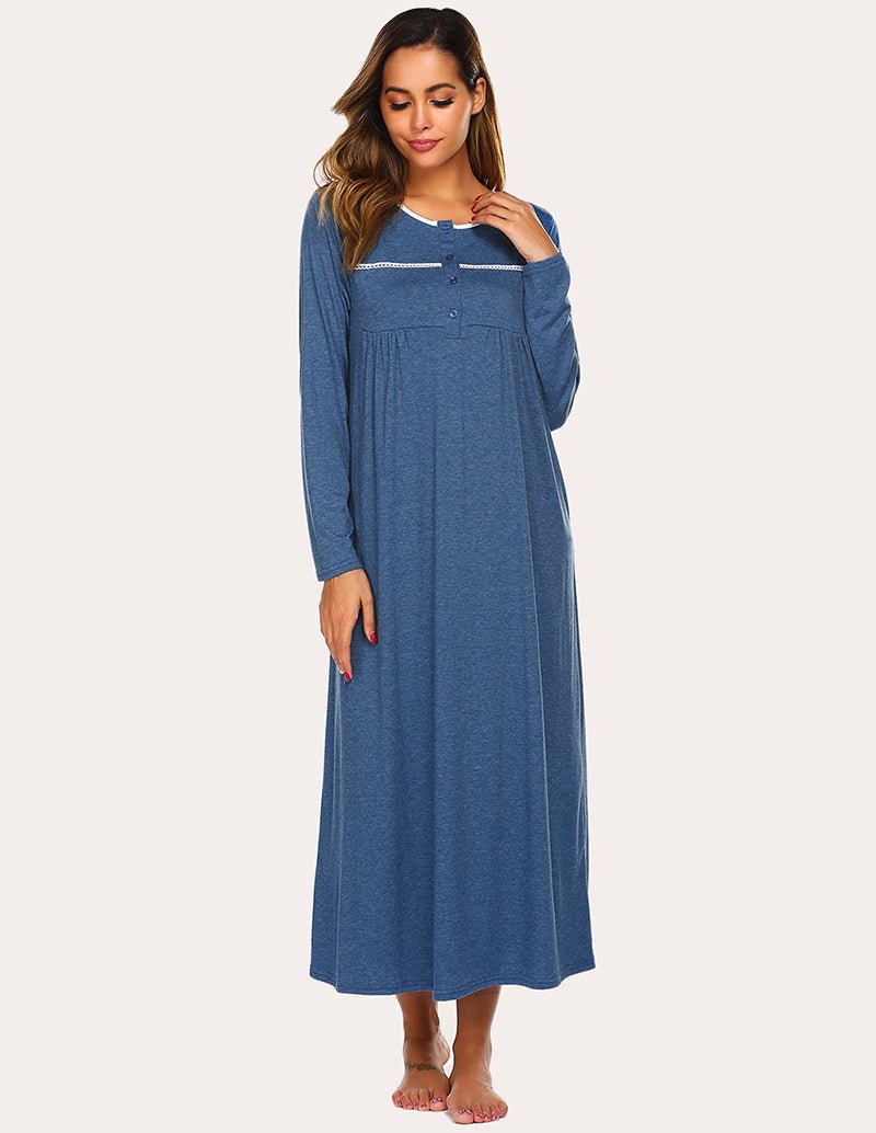 Navy blue long nightdress with button front and empire waist gathers, long sleeves