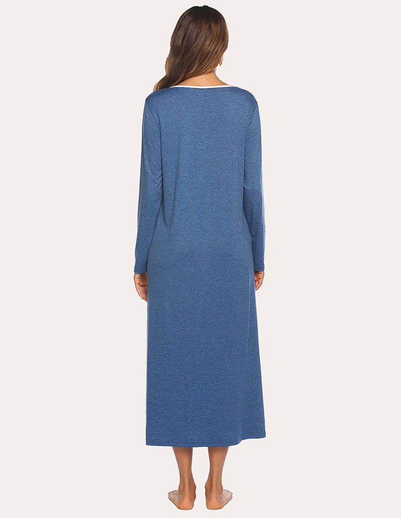 Back view of navy blue loose nightdress with long sleeves and full-length relaxed fit