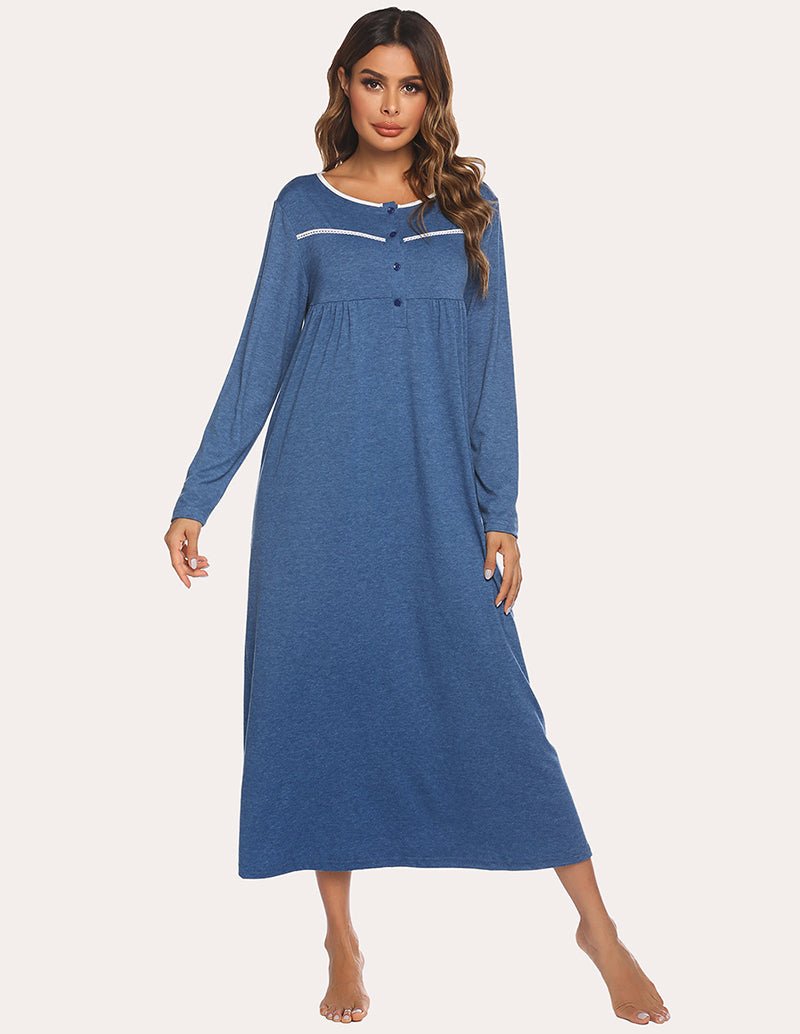 Loose long-sleeve nightdress in navy blue, scoop neck, button placket, gathered waist