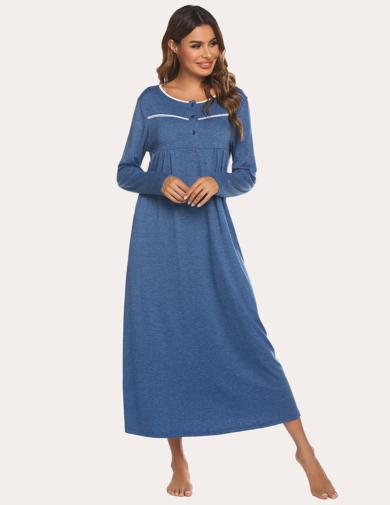 Navy blue nightdress with white-trimmed button placket and long sleeves, relaxed hem