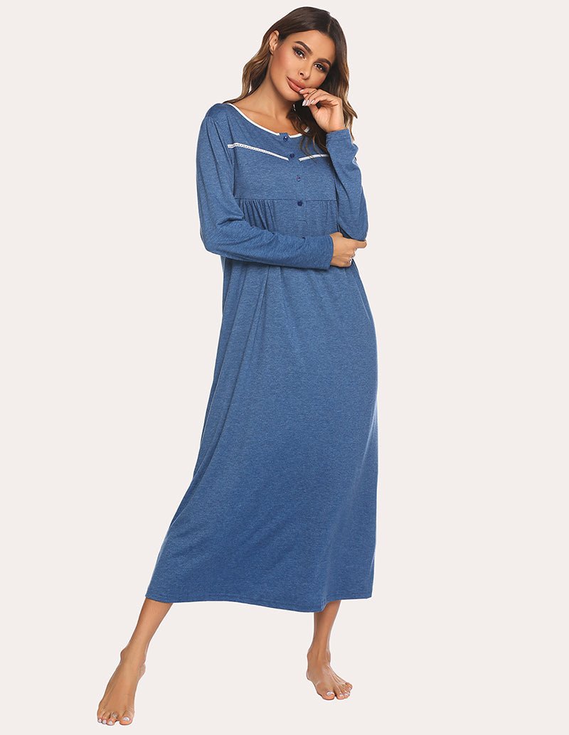 Navy blue loose nightgown with long sleeves, gathered bust, and mid-calf length