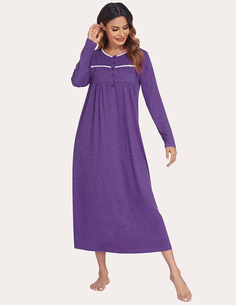 Purple long nightgown with button front and empire waist gathers, long sleeves