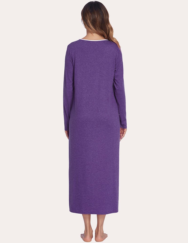Back view of purple loose nightdress with long sleeves and full-length relaxed fit