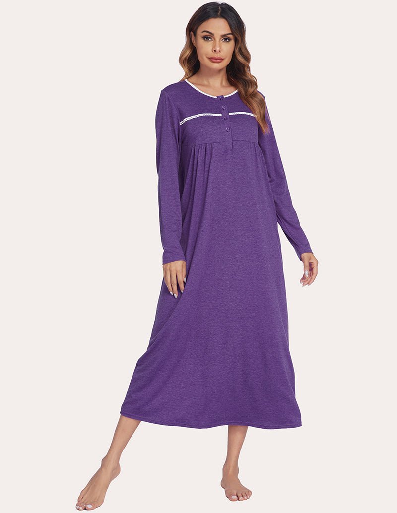 Loose long-sleeve nightdress in purple, scoop neck, button placket, gathered empire waist