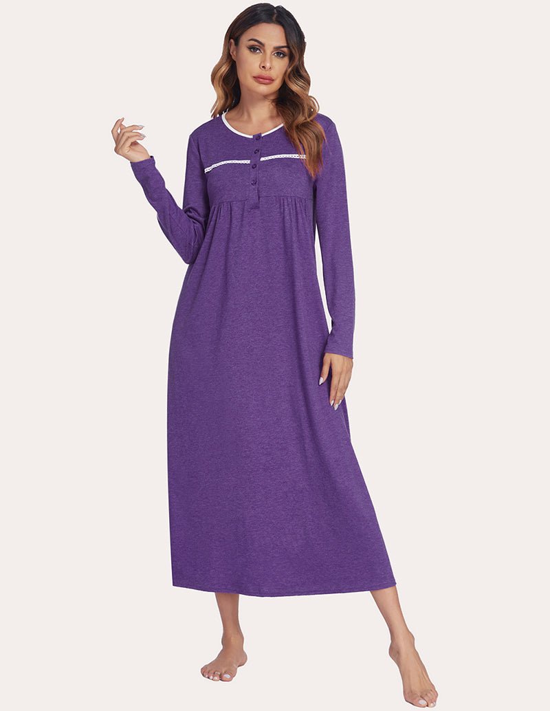 Purple nightdress with white-trimmed button placket and relaxed mid-calf hem