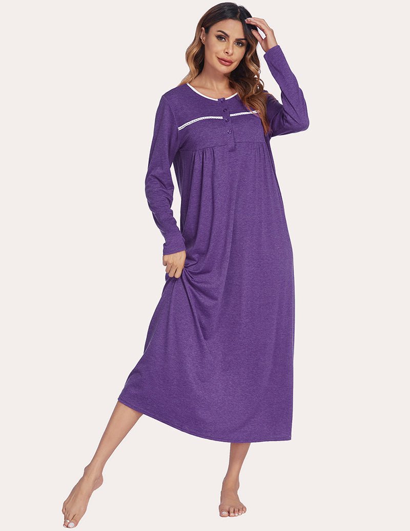 Purple loose nightdress with long sleeves, gathered bust, and flowing full skirt