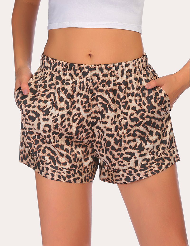 Leopard print loose pajama shorts with elastic waistband and flared hem