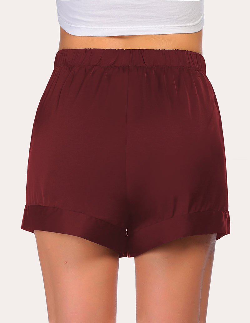 Wine red pajama shorts with elastic waistband and loose fit, above-knee length