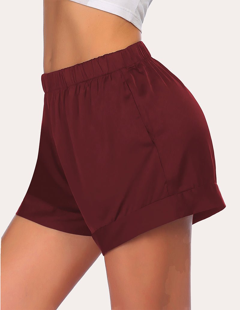 Wine red pajama shorts with elastic waistband and layered-look hem