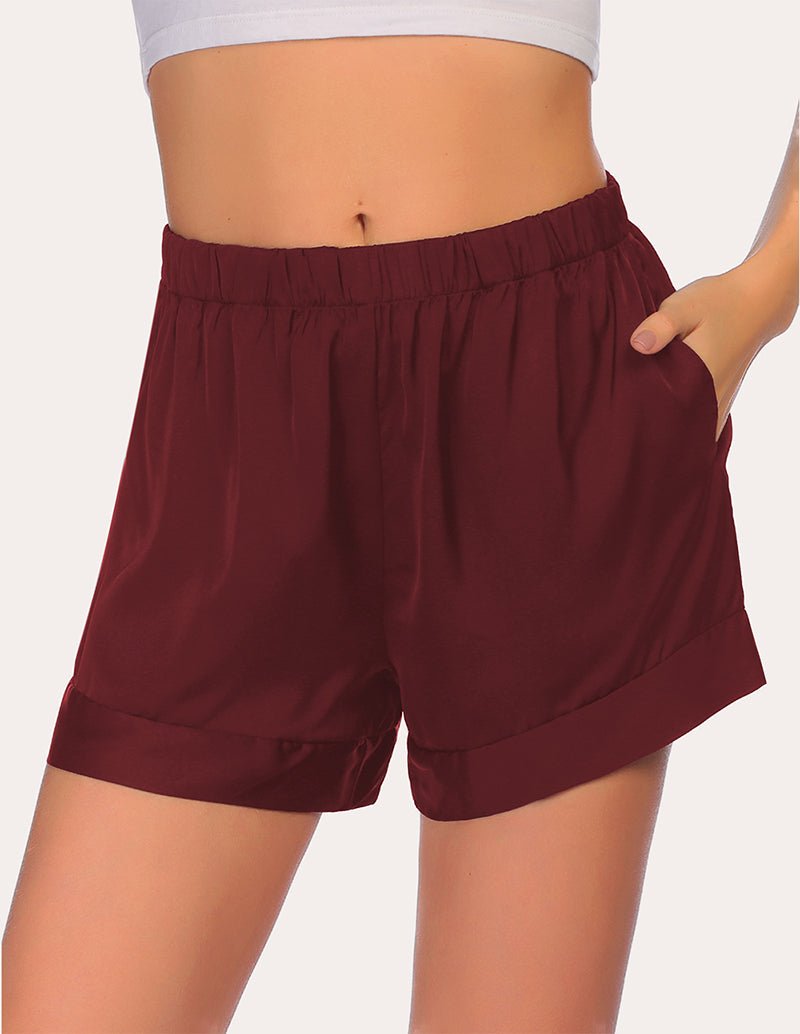 Wine red loose pajama shorts with elastic waistband and soft drape