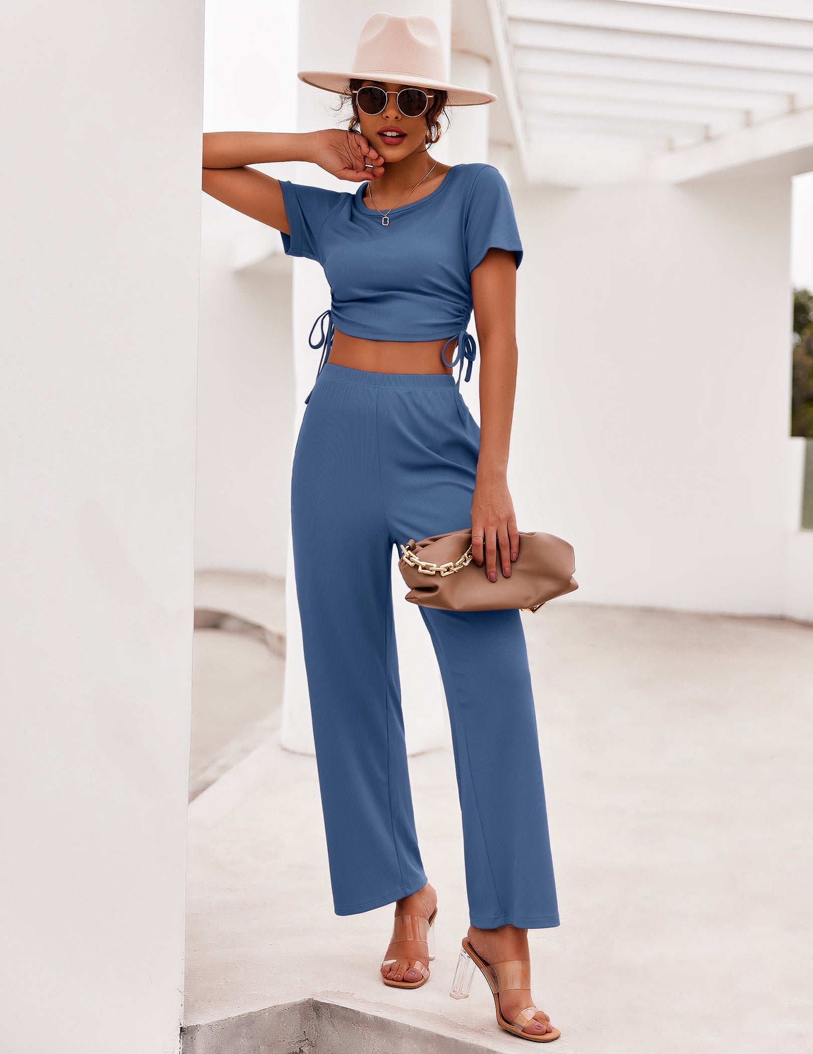 Ekouaer lounge sweatsuit set in blue: short-sleeve crop top and wide-leg pants