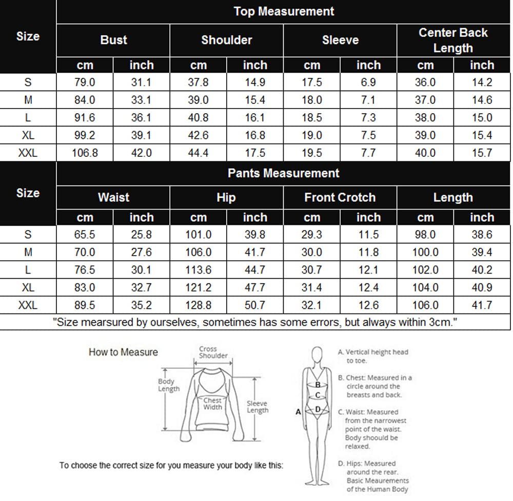 Size chart with top and pants measurements for lounge short sleeve sweatsuit set