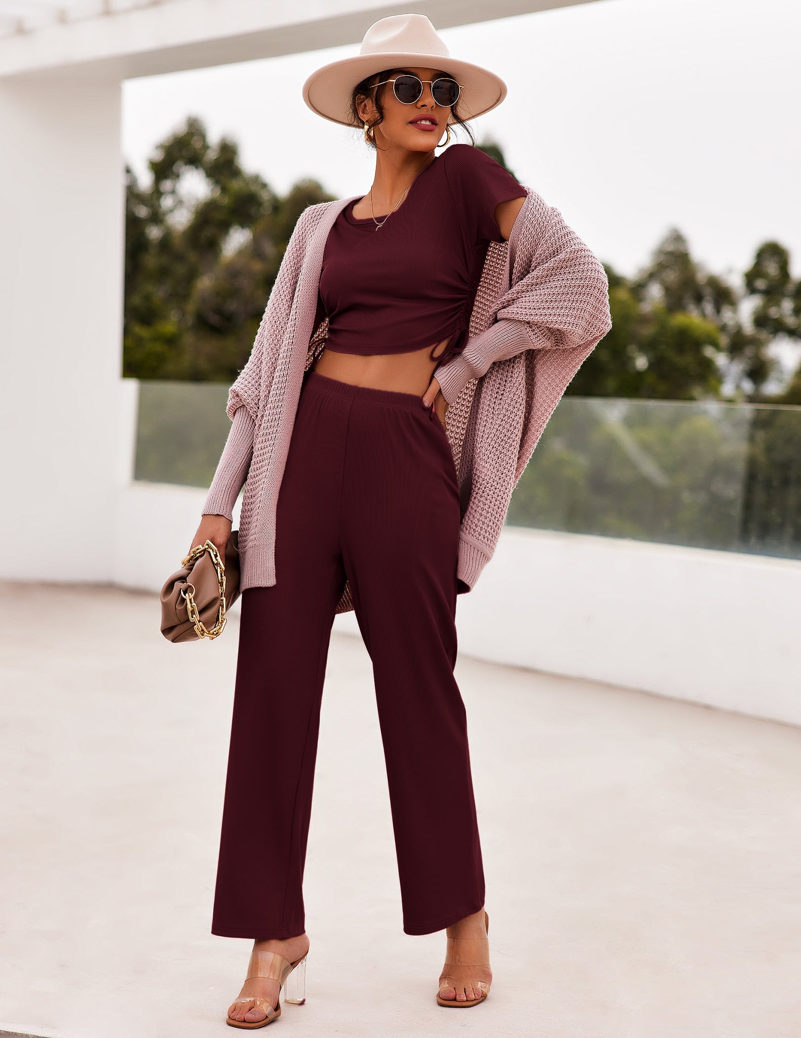 Ekouaer lounge sweatsuit set in dark red: short-sleeve crop top and wide-leg pants