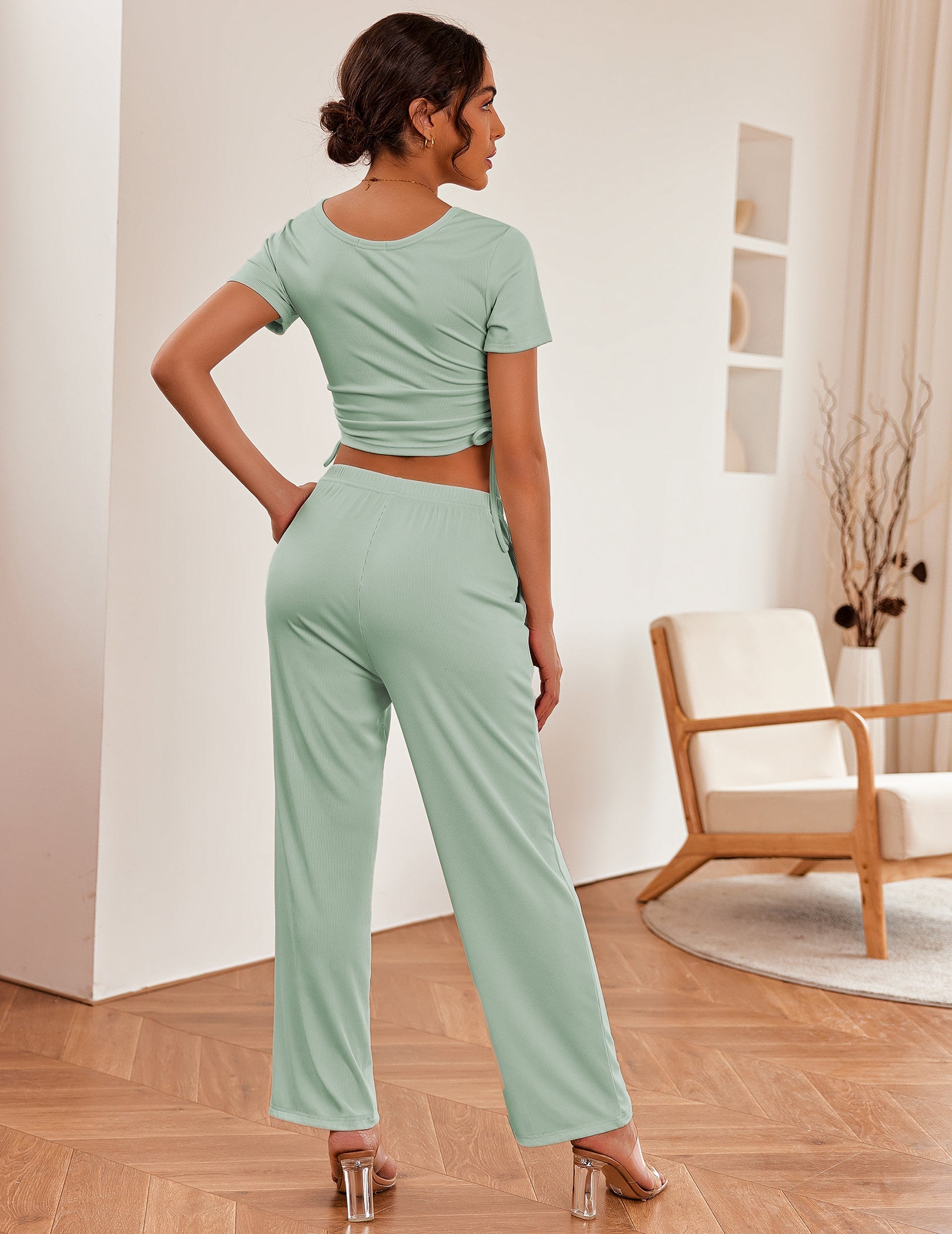 Green lounge set: cropped top and wide-leg sweatpants with drawstring waist