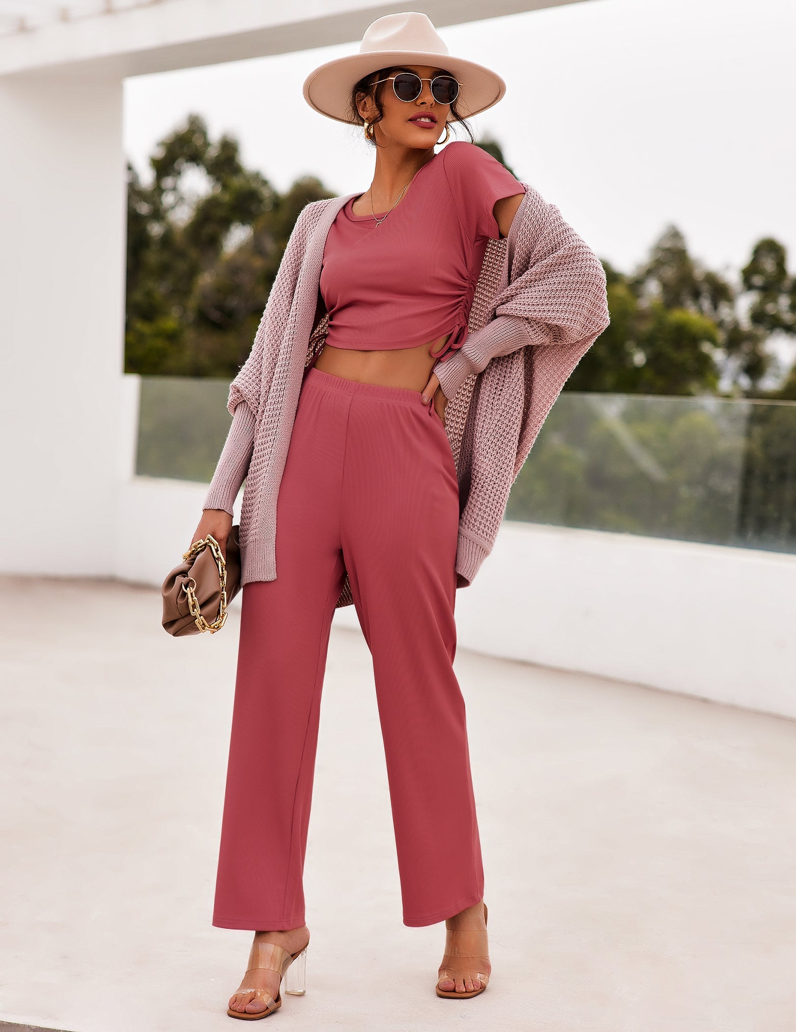 Ekouaer lounge sweatsuit set in rose: short-sleeve crop top and wide-leg pants