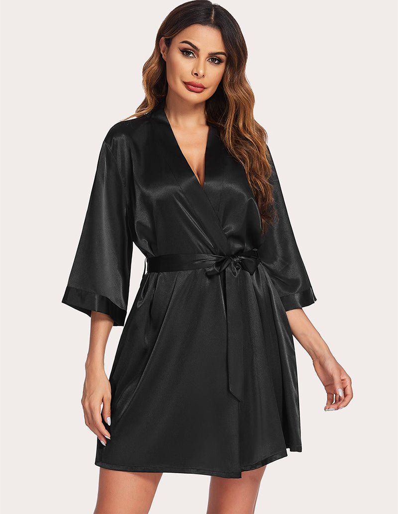 Black satin night robe with V-neck, tied waist sash, and flared sleeves