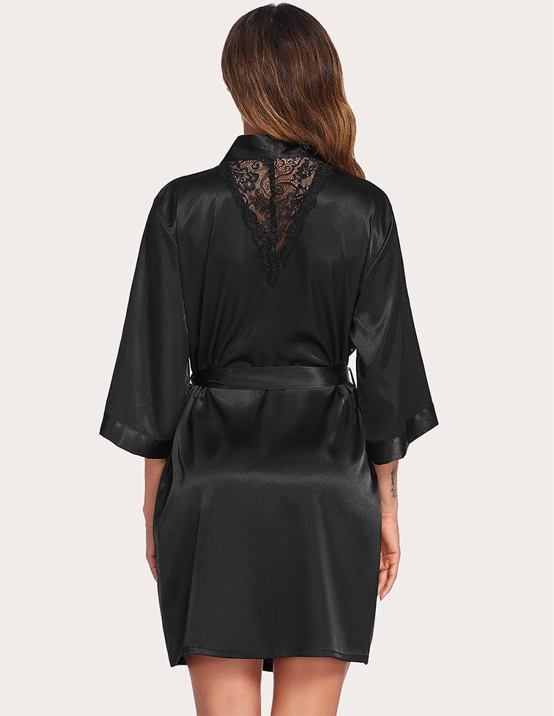 Black satin night robe with lace back detail and waist tie belt
