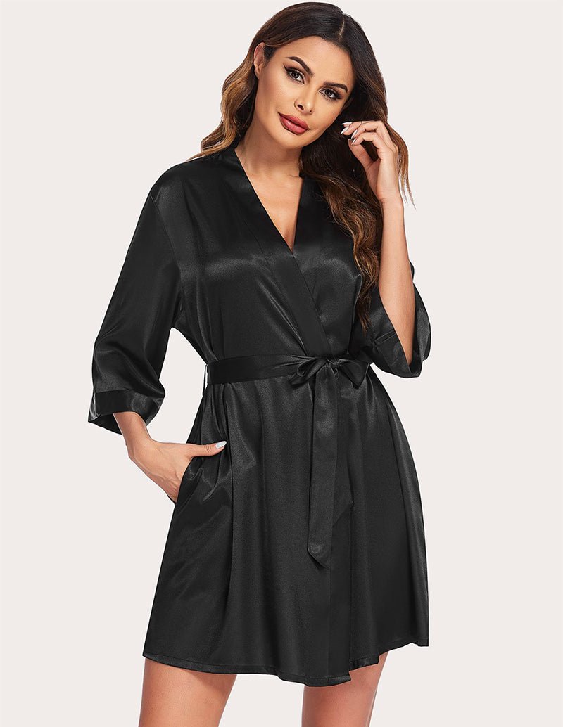 Black satin night robe with V-neck and tie belt, three-quarter kimono sleeves