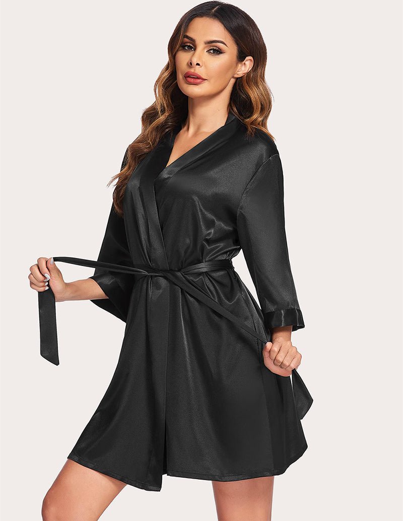 Black satin night robe with V-neck, tie belt, and 3/4  flared sleeves