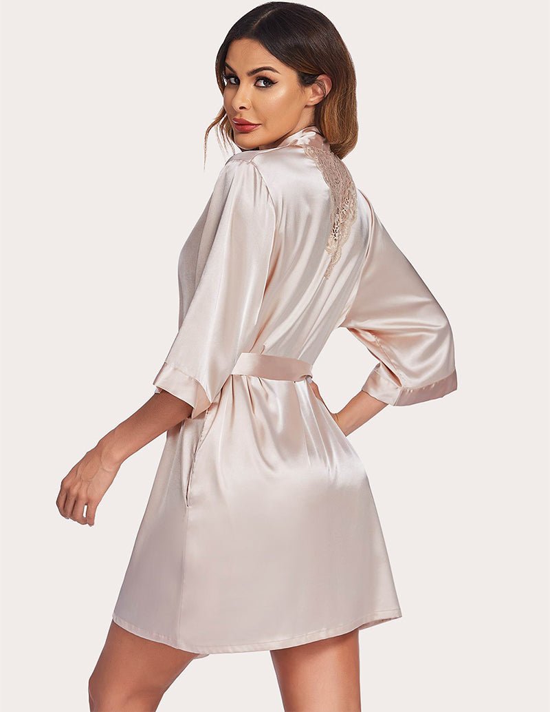 Champagne satin night robe with V-neck and tie belt, shown from the back