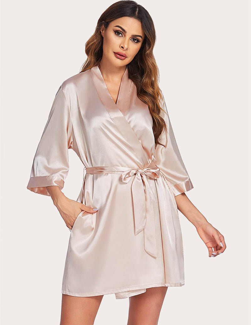 Champagne satin night robe with V-neck, waist tie belt, and 3/4 flared sleeves