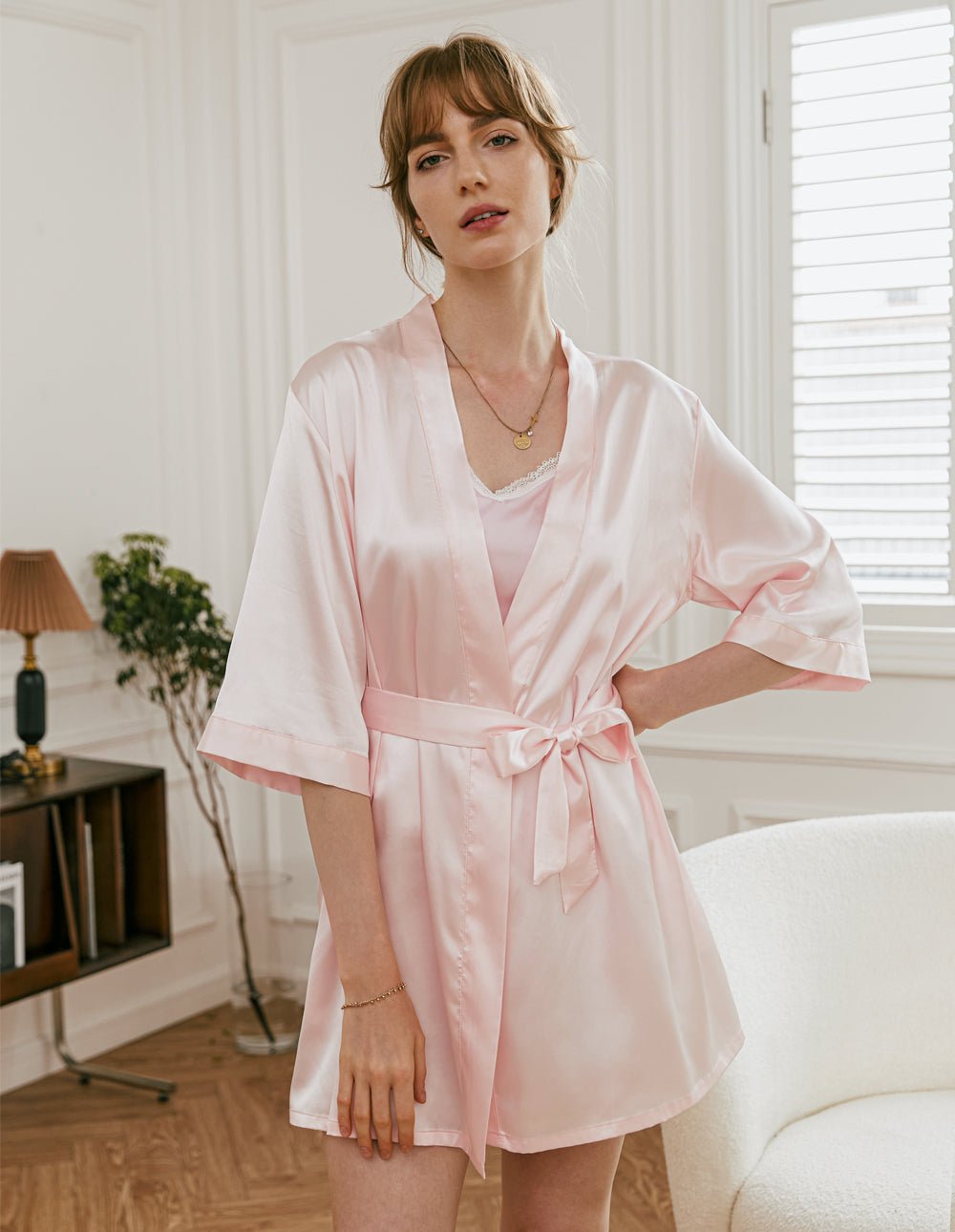 Pink satin night robe with V-neck and tie belt, short kimono sleeves