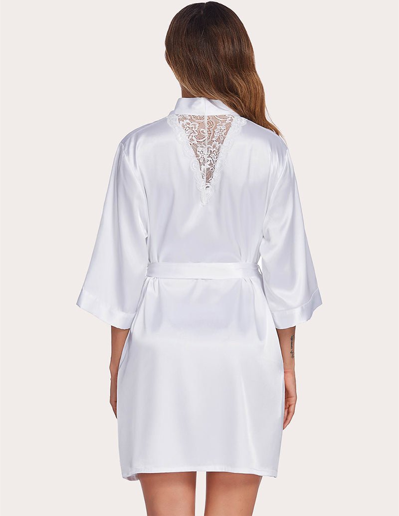 White satin night robe with back lace yoke and waist tie belt, shown from behind