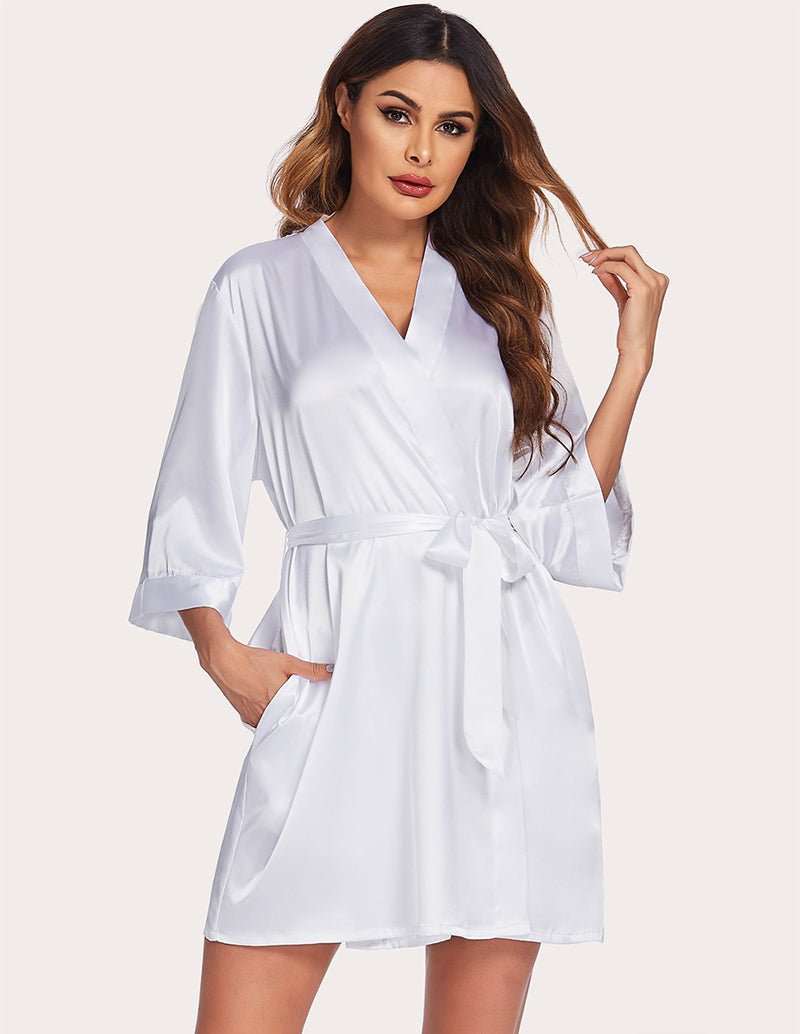 White satin night robe with V-neck and waist tie belt, 3/4 flared sleeves