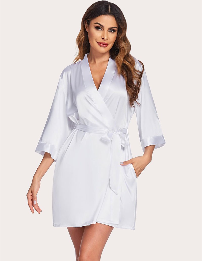 White satin night robe with V-neck, tie waist belt, and loose kimono sleeves