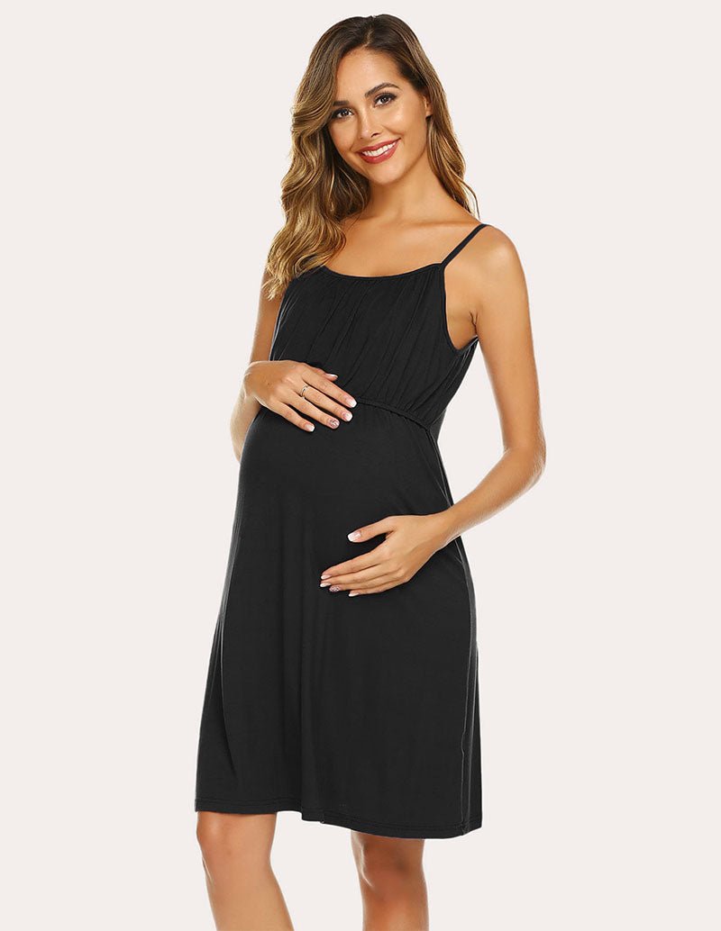 Black maternity nursing nightdress with ruching at bust and empire waist seam